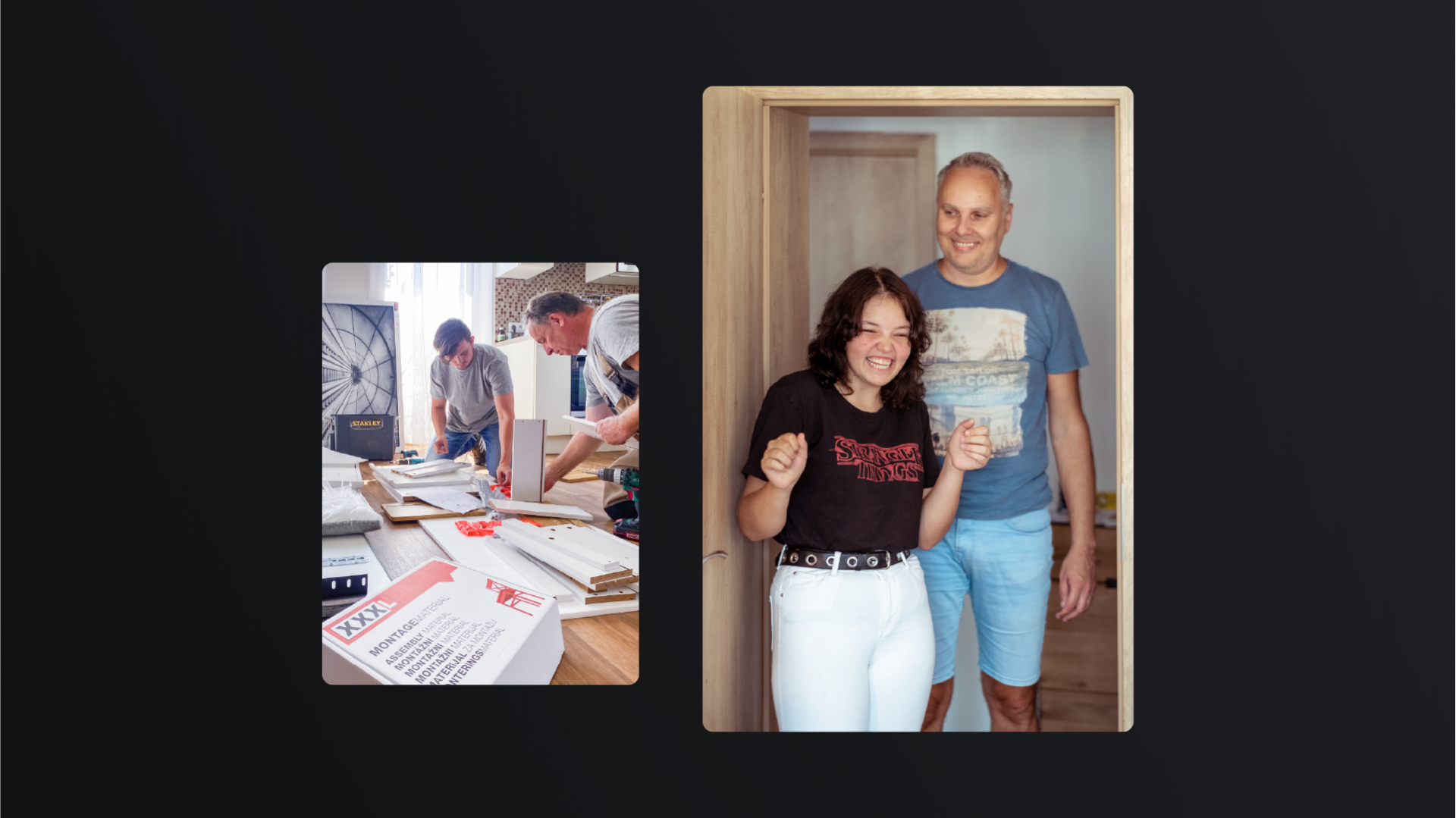 XXXLutz furniture being assembled and a family in the doorway of the finished room