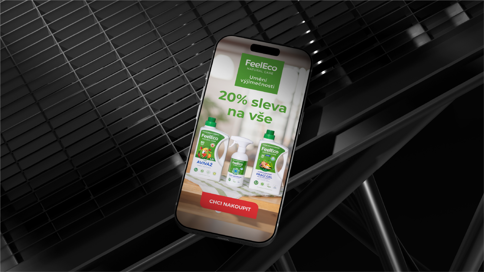 A FeelEco ad on a phone with a discount offer and products