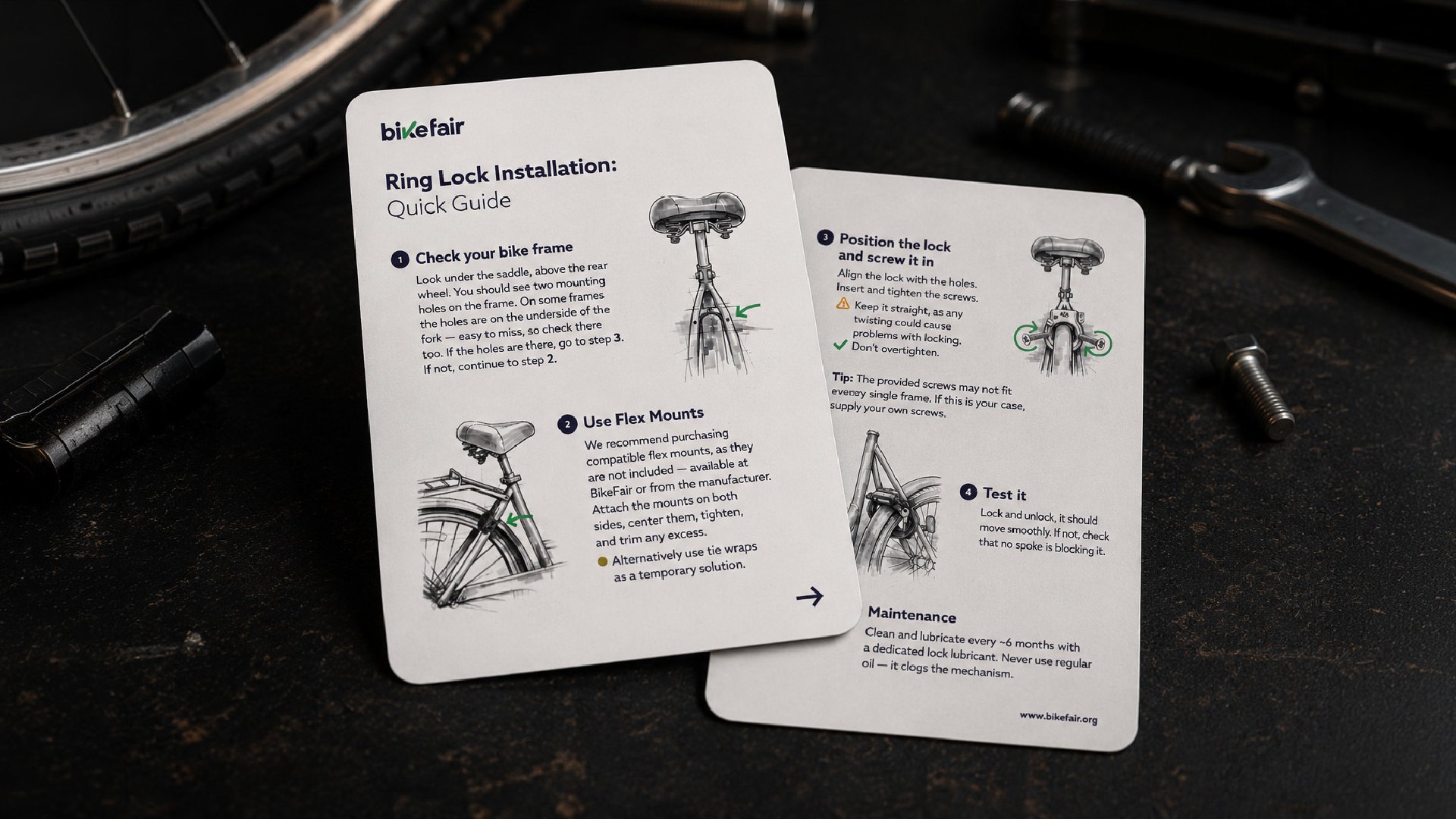 Printed BikeFair cards with a quick guide to fitting a ring lock