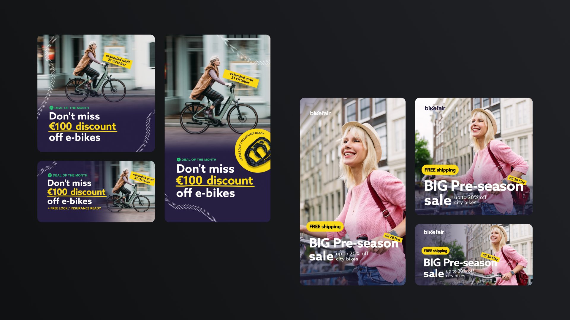 BikeFair ad banners with an e-bike discount and a pre-season sale