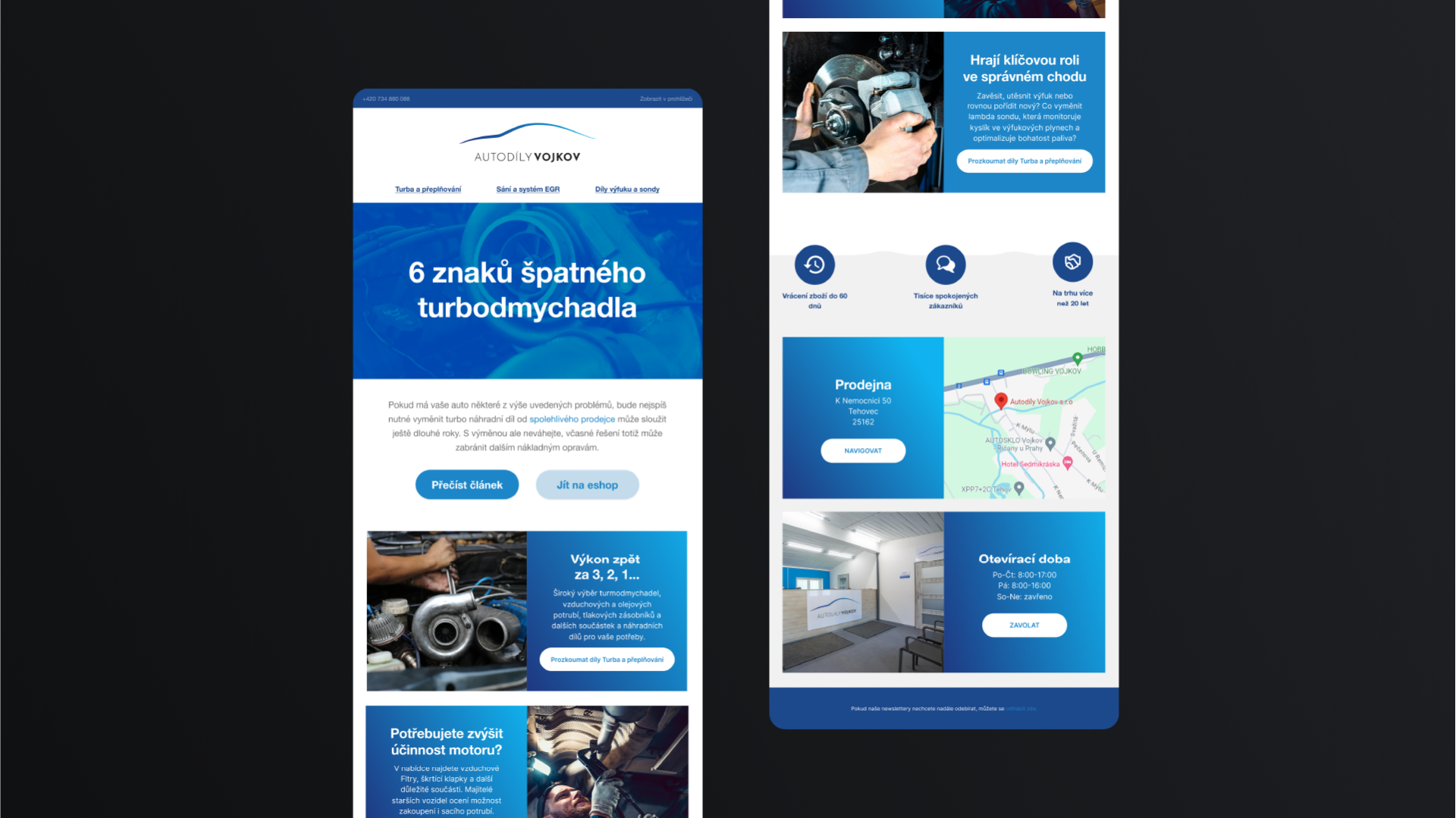 The Autodíly Vojkov newsletter on two phones, an article about turbochargers and shop details
