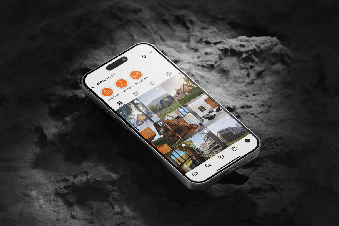 The crescon.cz Instagram profile on a phone with a grid of property photos