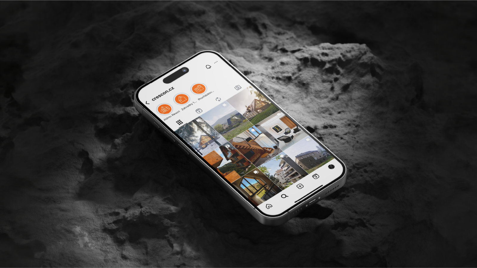 The crescon.cz Instagram profile on a phone with a grid of property photos