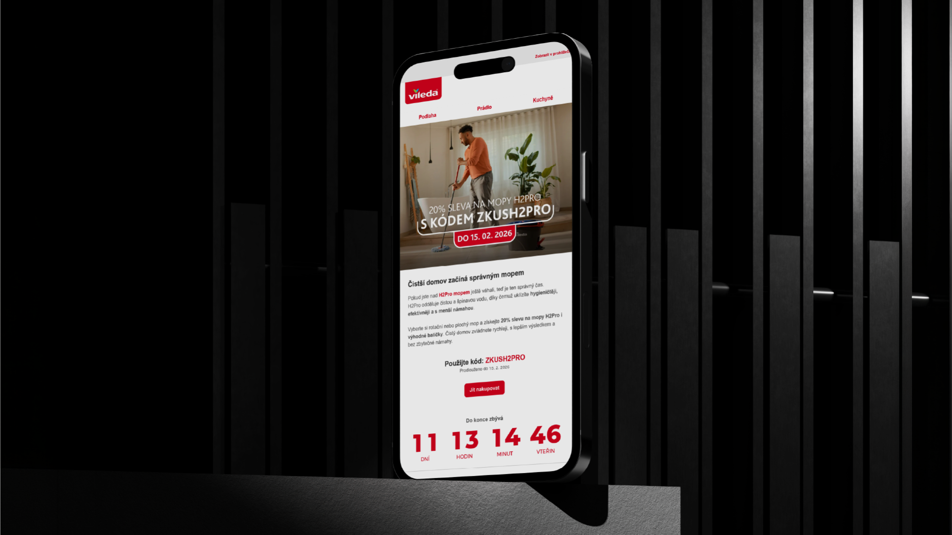 A Vileda email campaign on a phone with a discount code and countdown