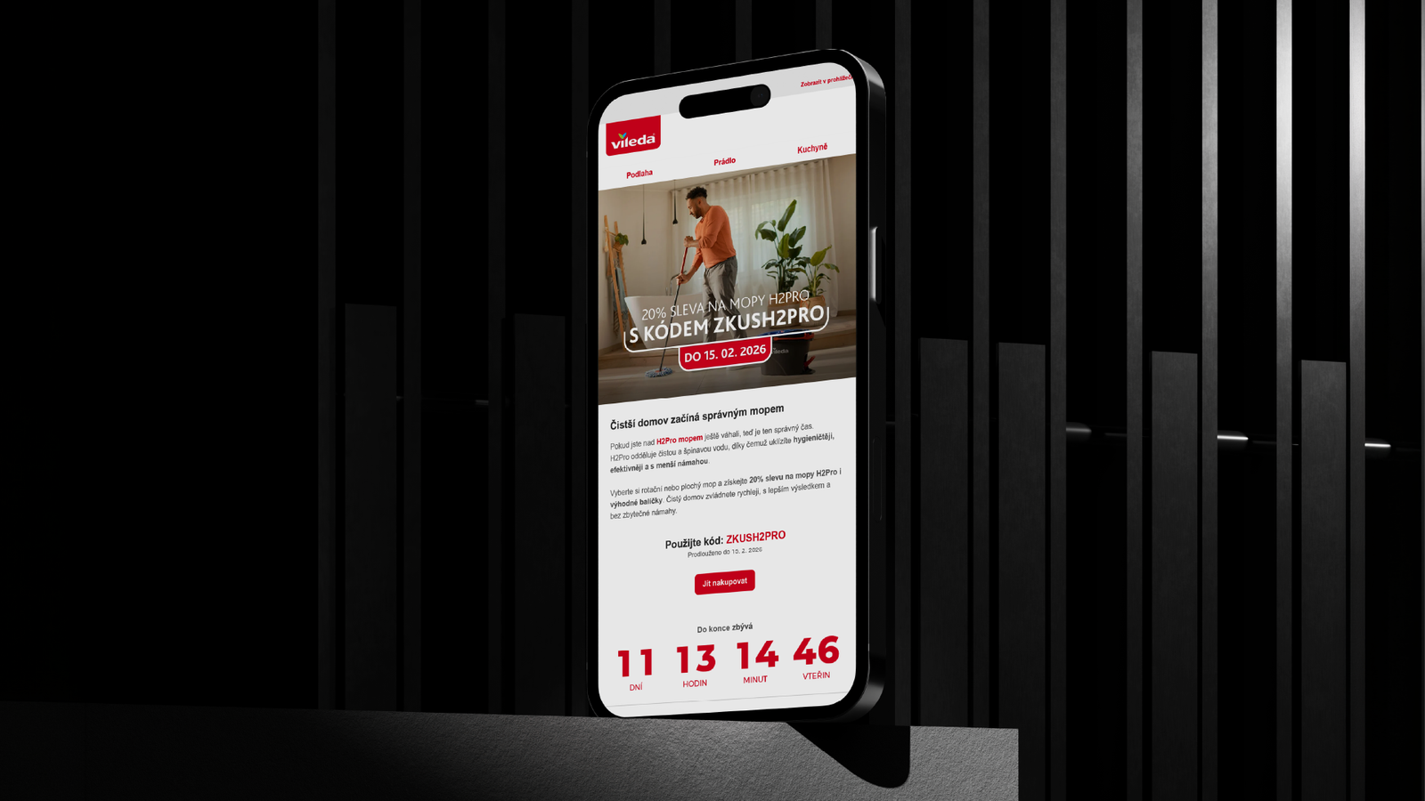 A Vileda email campaign on a phone with a discount code and countdown
