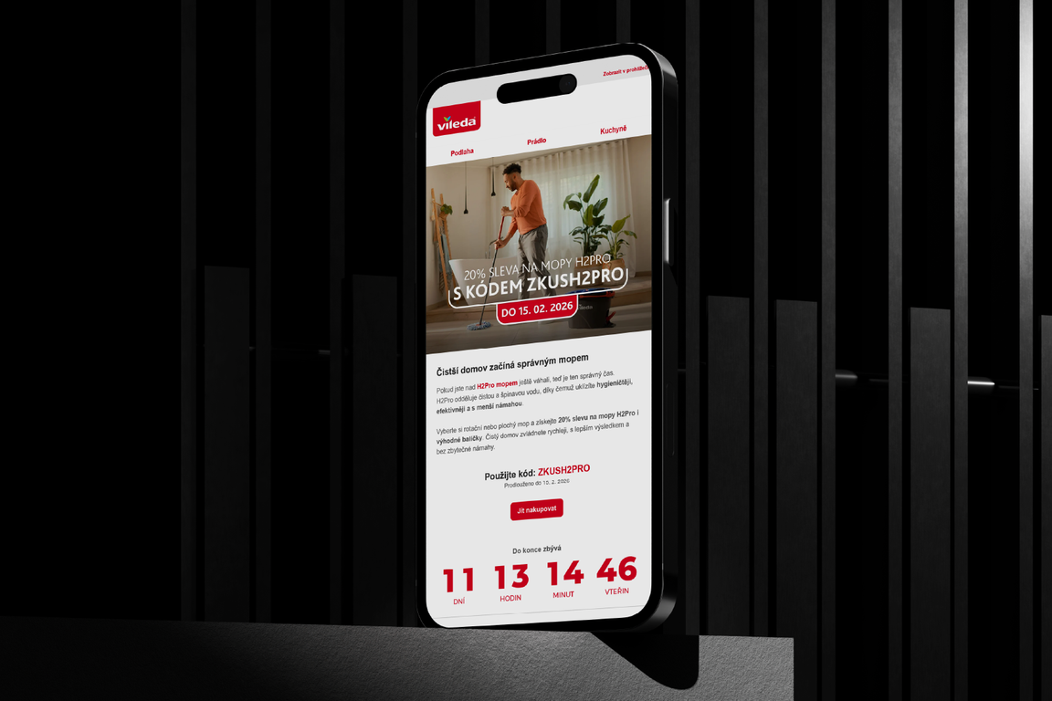 A Vileda email campaign on a phone with a discount code and countdown