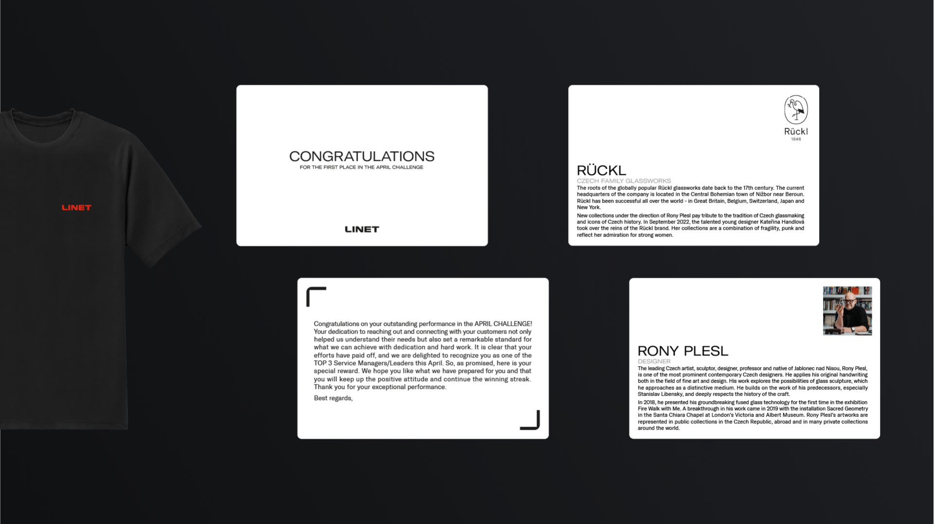 A Linet company T-shirt and certificates for premium awards by Rückl and Rony Plesl