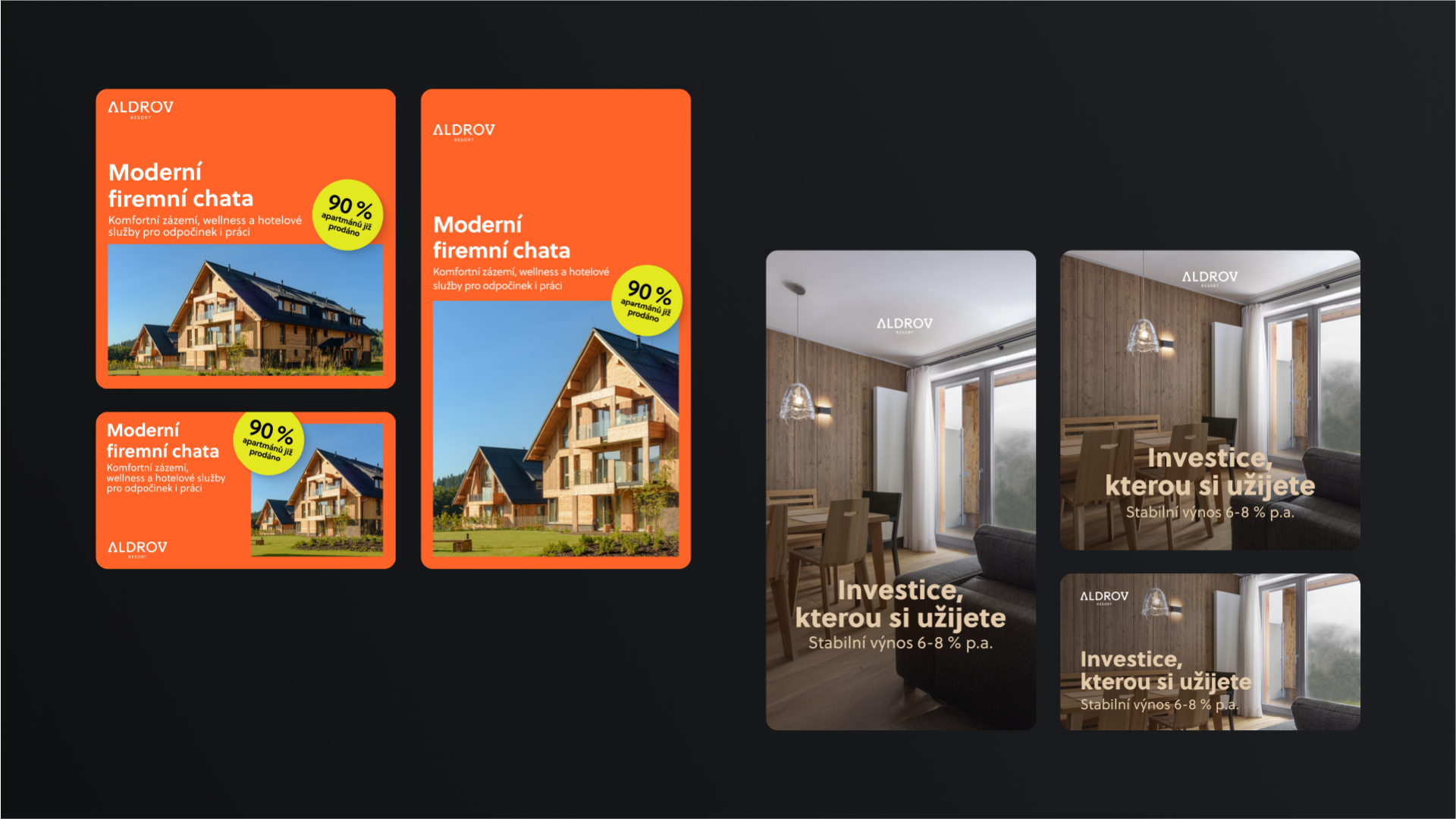 Ad banners for the Aldrov project offering a company lodge and an investment
