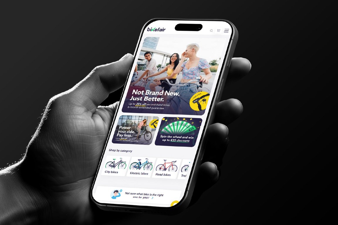 The BikeFair store on a phone showing second-hand bikes