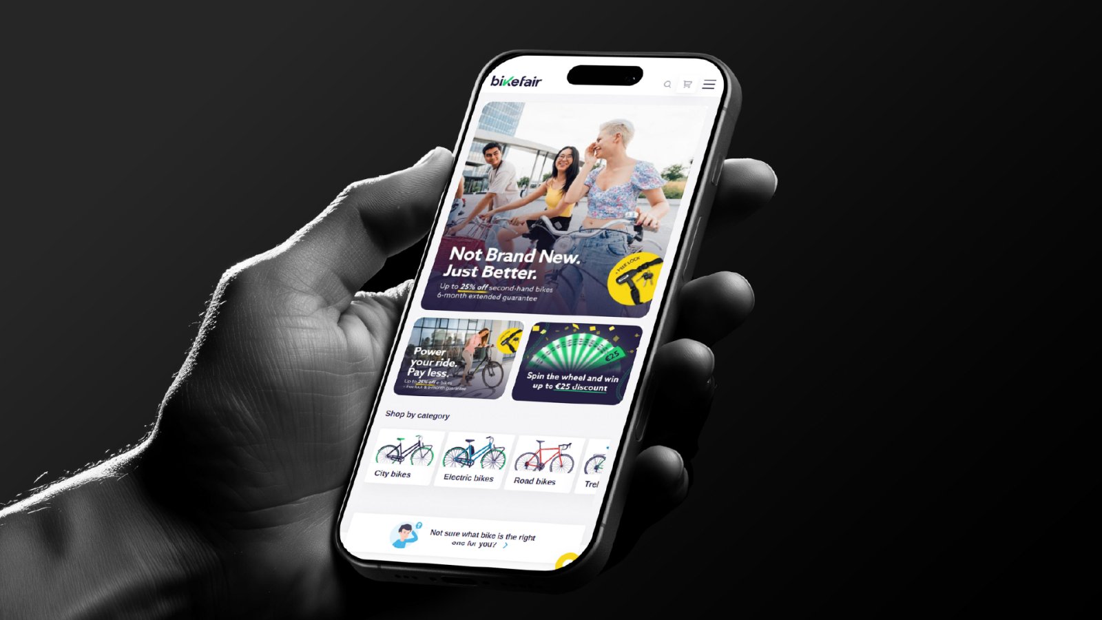 The BikeFair store on a phone showing second-hand bikes