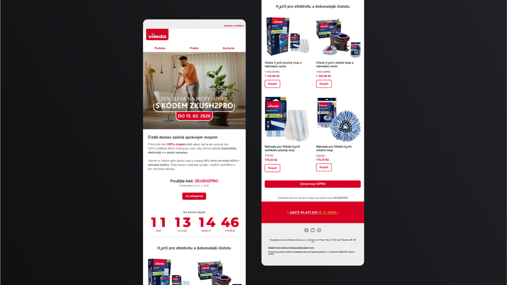 A Vileda email campaign with a countdown and an offer of H2PRO mops