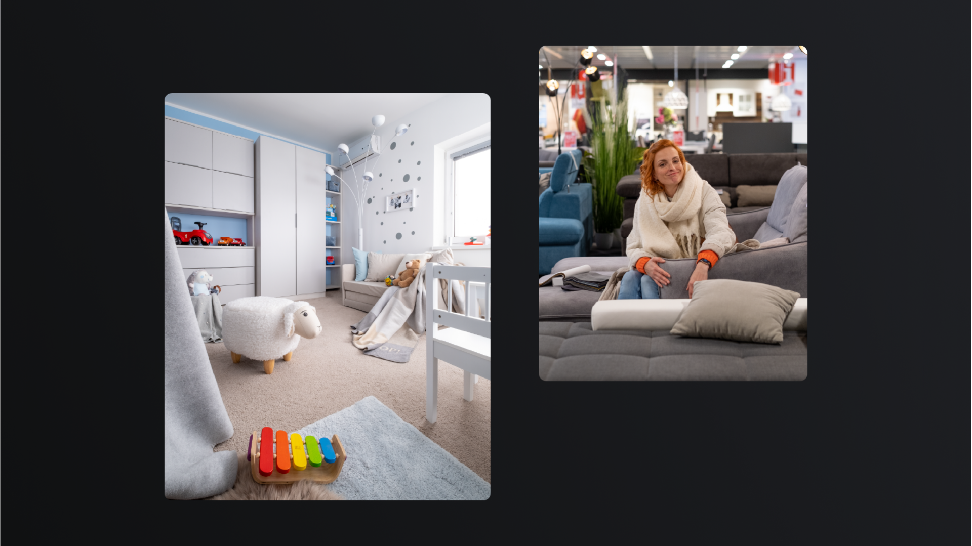 A children's room with toys and a customer on a sofa in an XXXLutz store