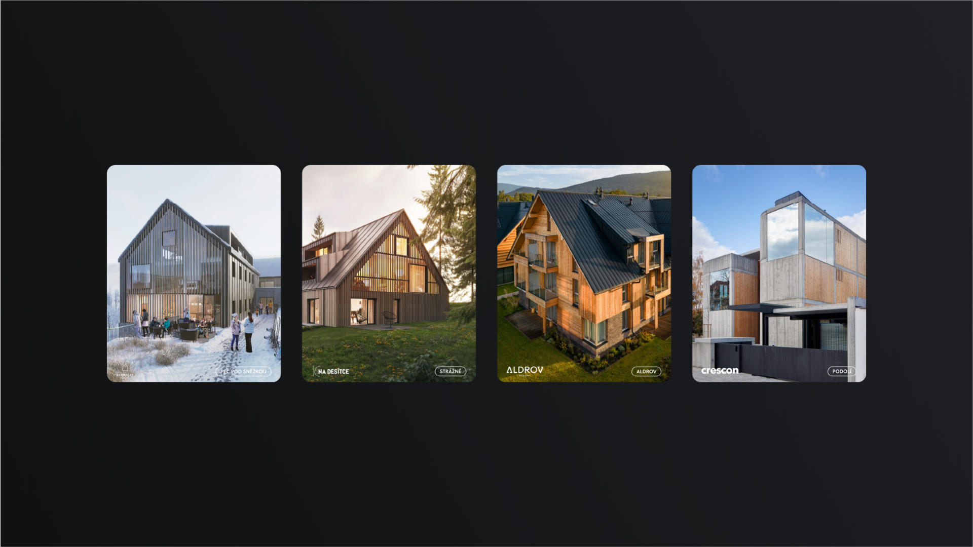Visualisations of four Crescon projects, mountain lodges and a city building