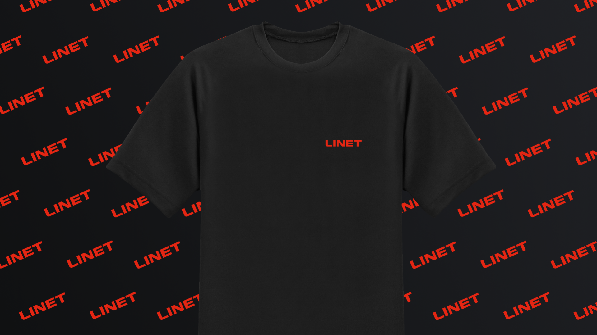 Black company T-shirt with a red Linet logo