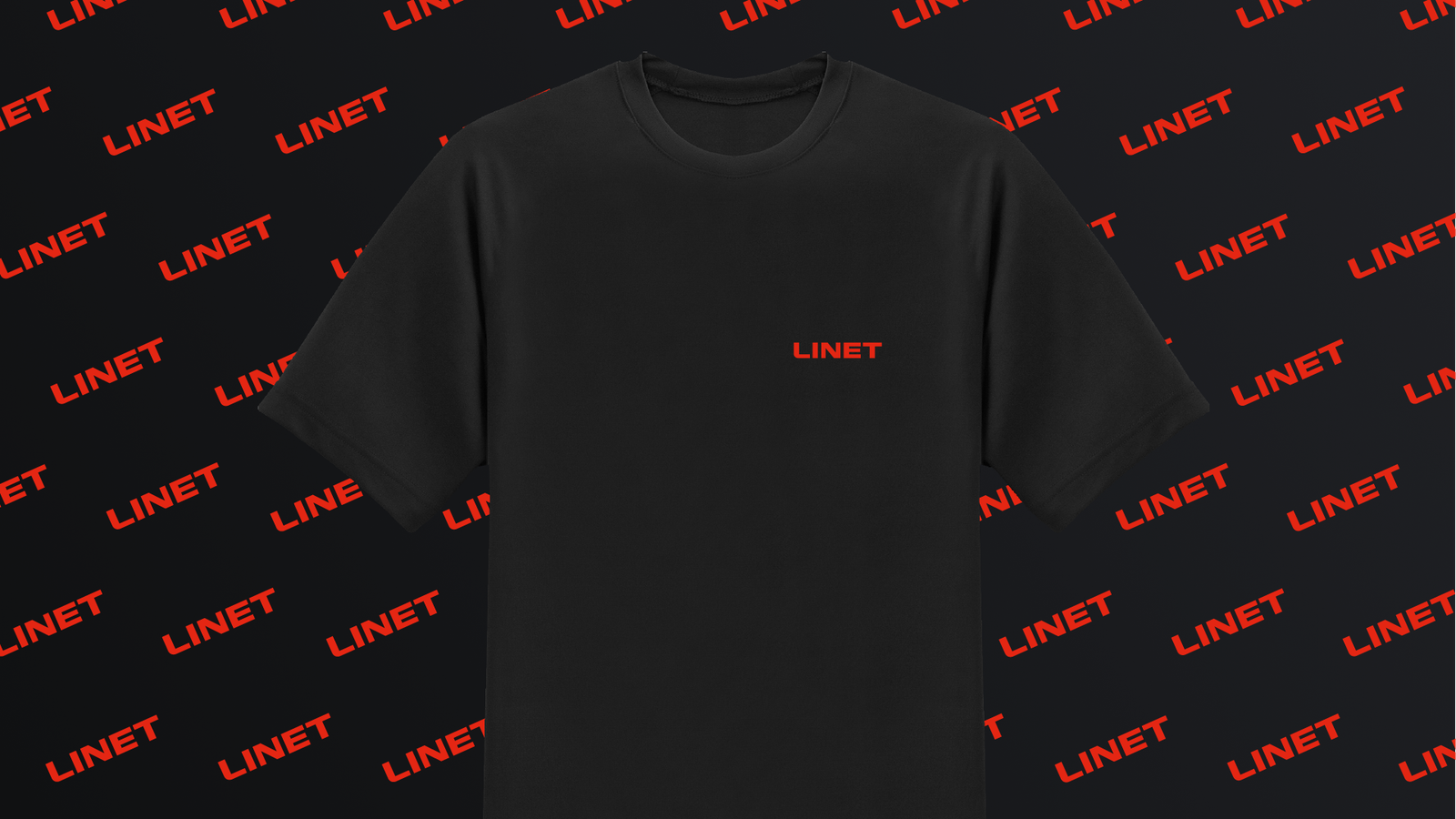 Black company T-shirt with a red Linet logo