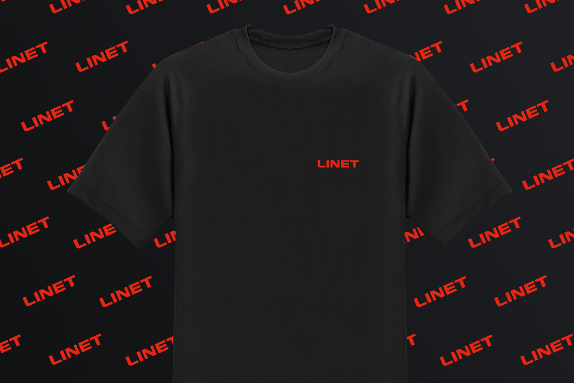 Black company T-shirt with a red Linet logo