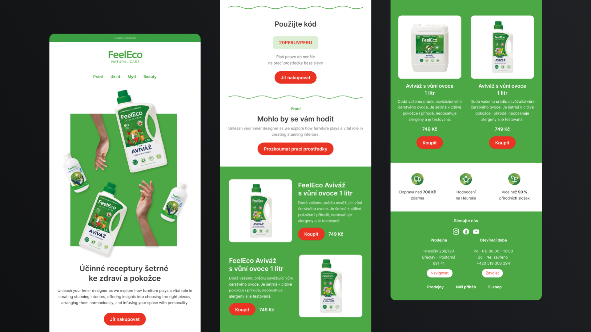 A FeelEco email template with products, a discount code and links to the shop