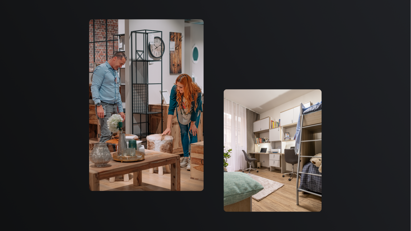 A couple in an XXXLutz store and a furnished children's room
