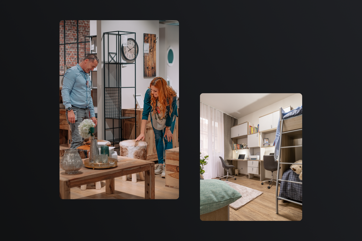 A couple in an XXXLutz store and a furnished children's room