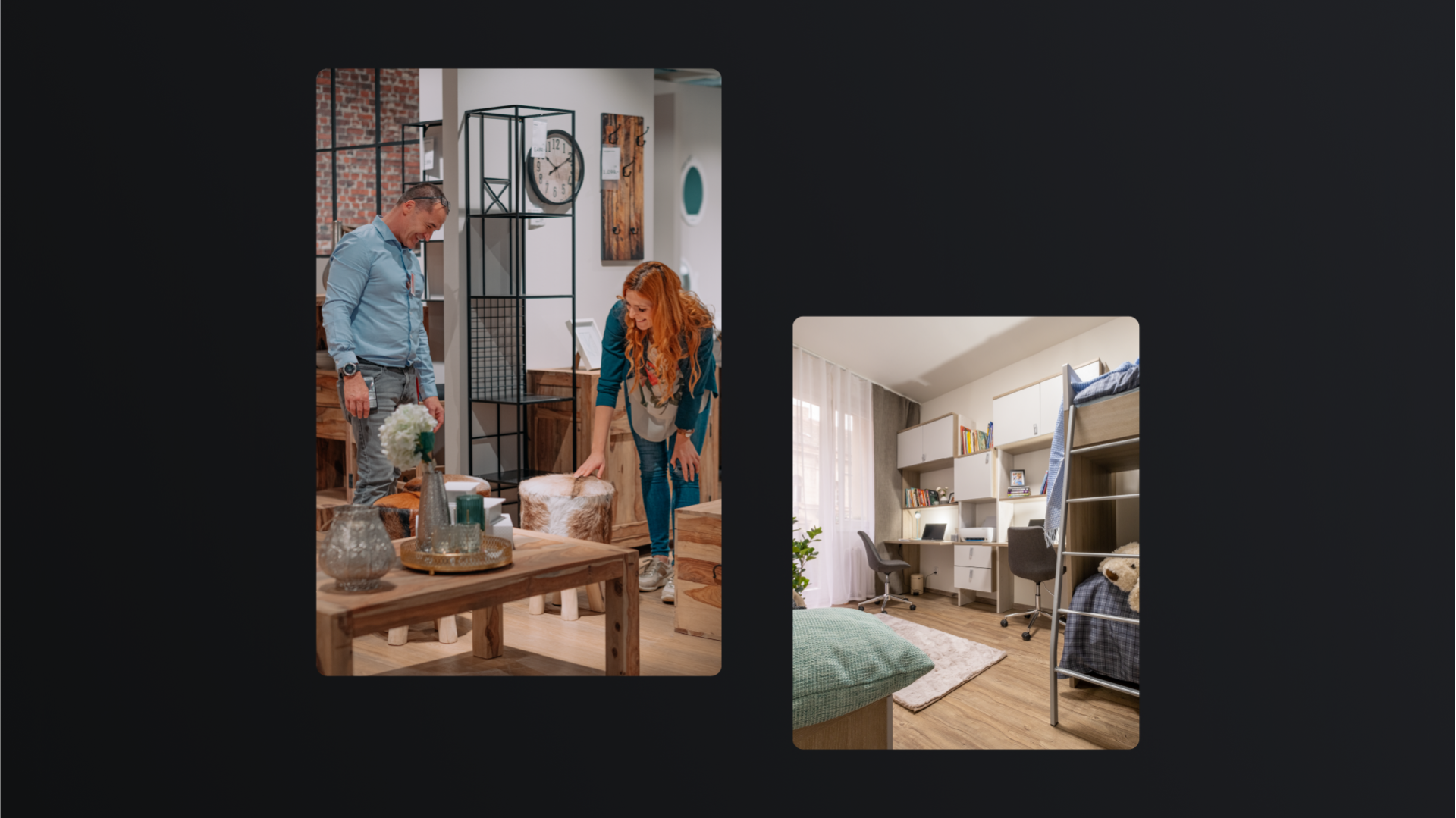 A couple in an XXXLutz store and a furnished children's room