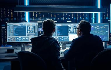 Two adult men in front of several computer monitors