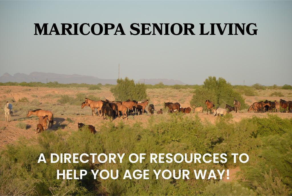 A picture of the wild horses in Maricopa, AZ with the text "Maricopa Senior Living, A Directory of Resources to Help you Age Your Way!" overlayed.