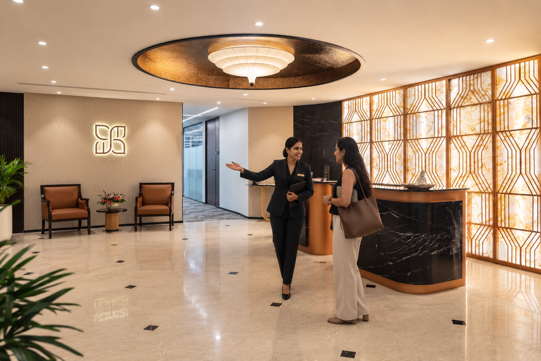 Concierge welcoming a guest at an enterprise reception