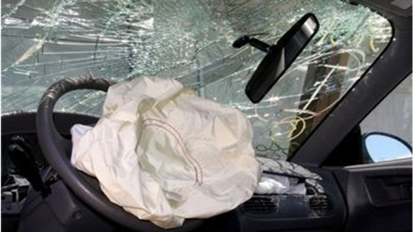 Crashed vehicle with airbag deployed