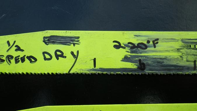 Reciprocating saw blade after being run at half speed, and with no cooling spray