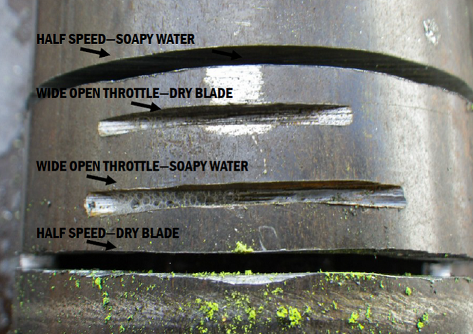 Example reciprocating saw blade cuts at varying speeds, and with different lubricants