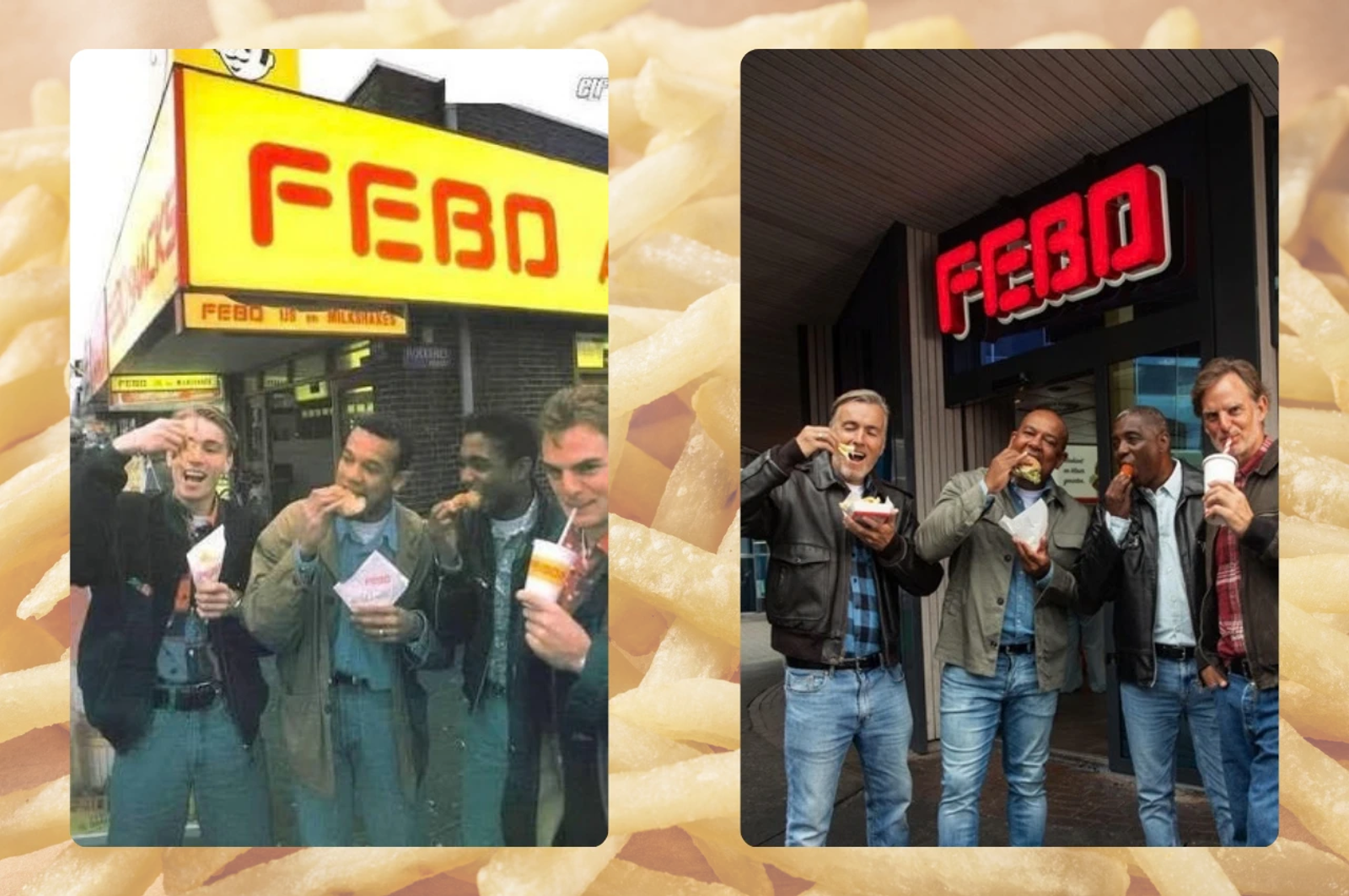 Vier voetballers bij FEBO in de jaren negentig (links) en dezelfde vier mannen als vijftigers bij FEBO in 2026 (rechts)