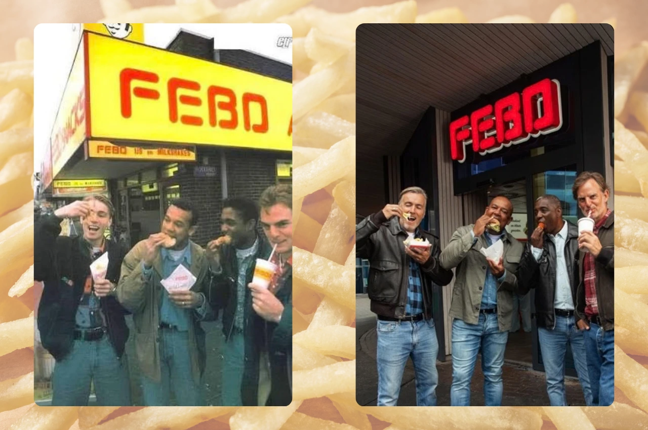 Vier voetballers bij FEBO in de jaren negentig (links) en dezelfde vier mannen als vijftigers bij FEBO in 2026 (rechts)