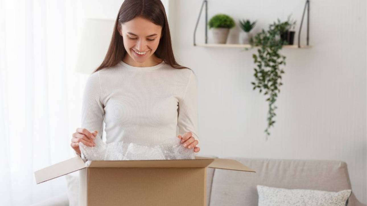 Vrouw maakt lachend een kartonnen pakket met bubbeltjesfolie open in een lichte woonkamer