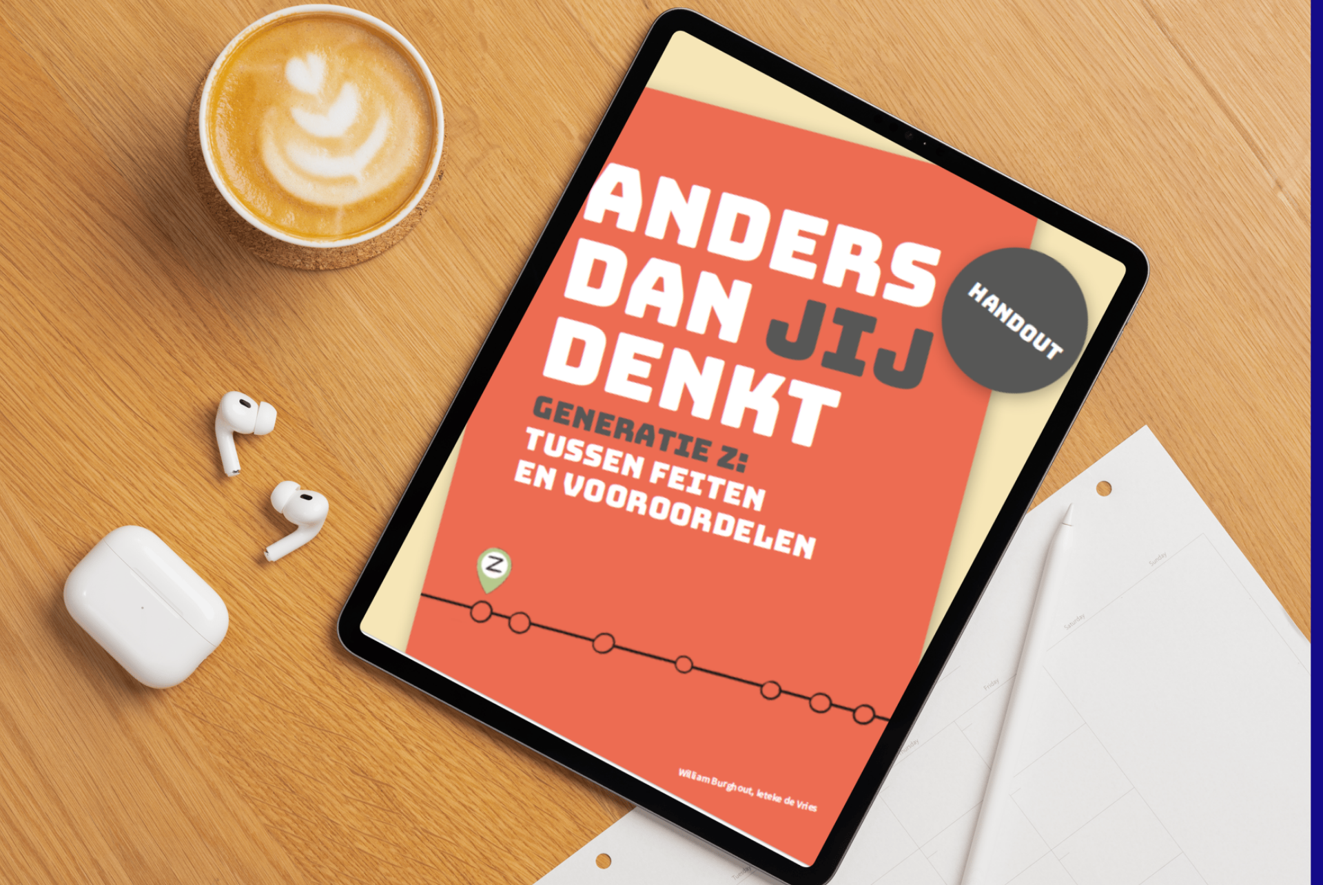 Tablet op een bureau met de handout Anders dan jij denkt, generatie Z tussen feiten en vooroordelen