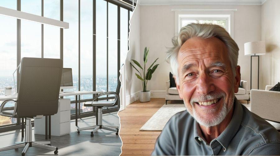 Lachende oudere man met grijs haar in een woonkamer, naast een leeg kantoor met uitzicht over de stad