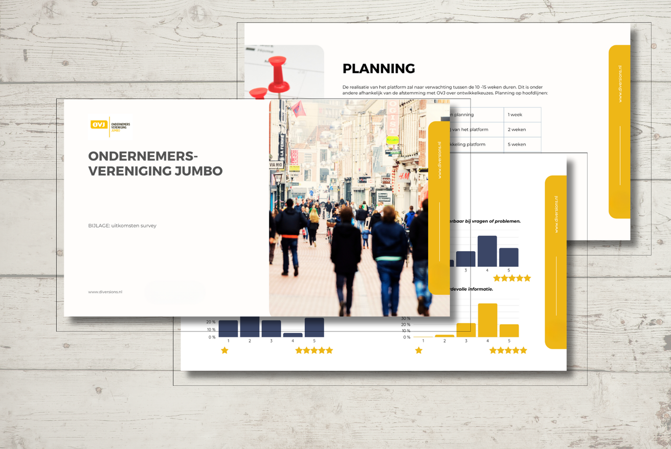 Slides uit een rapport voor Ondernemersvereniging Jumbo met planning, staafdiagrammen en sterbeoordelingen