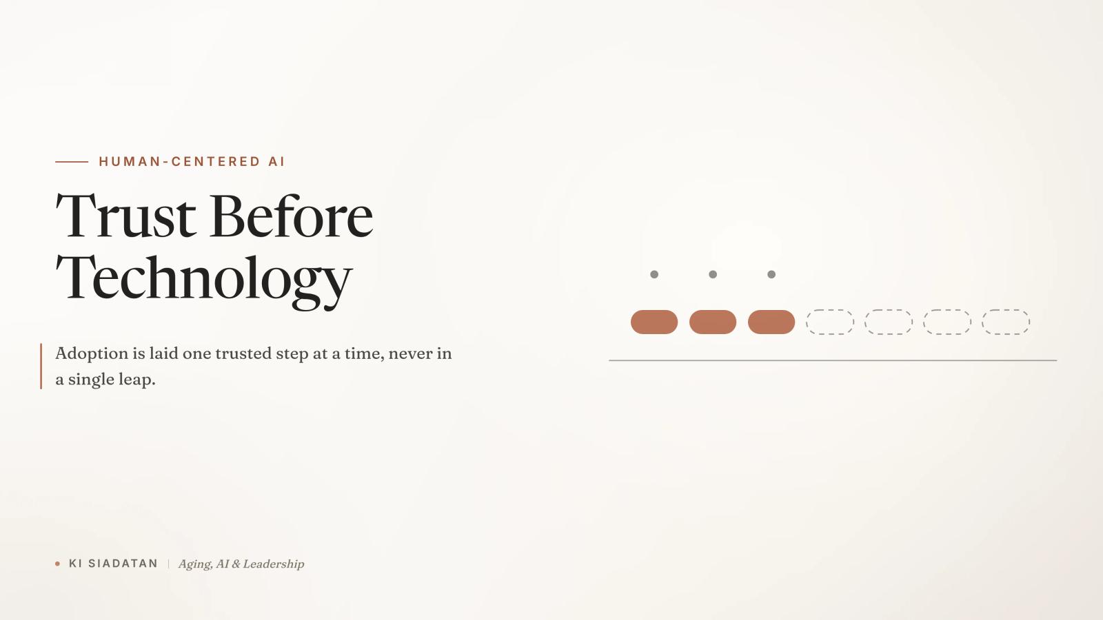 Warm off-white graphic of stepping stones crossing a thin horizontal line, the first three filled in terracotta and the rest outlined, with the serif headline "Trust Before Technology"