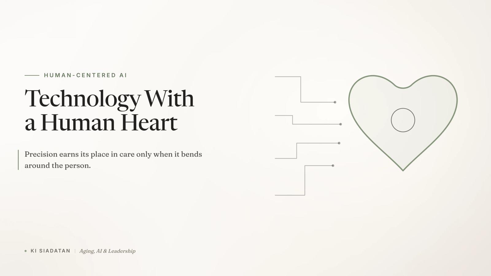 Warm off-white graphic of a precise charcoal circuit-line grid on the left that flows into a single soft sage heart-shaped outline on the right, with one small open charcoal circle held at its center, and the serif headline "Technology With a Human Heart."
