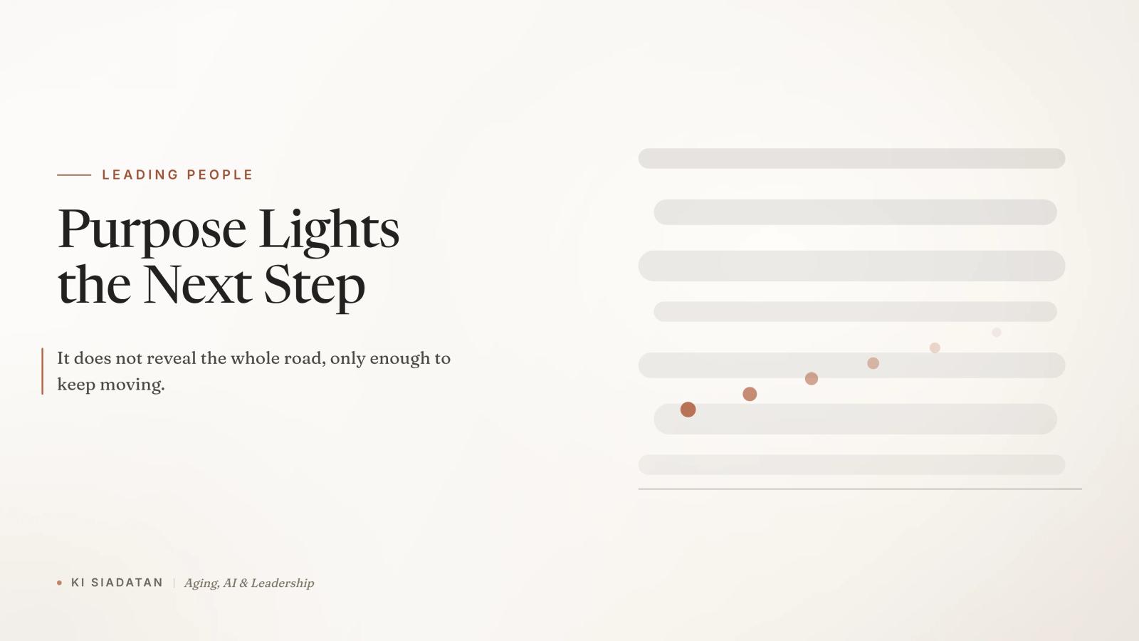 Warm off-white graphic of soft charcoal fog bands drifting across the frame, with a short terracotta path of dots visible through them, and the serif headline "Purpose Lights the Next Step"
