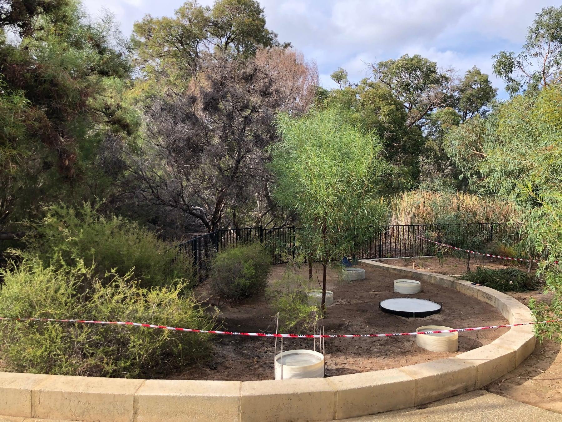 Concrete footings set out in a curved garden bed beside the hospital lake gardens