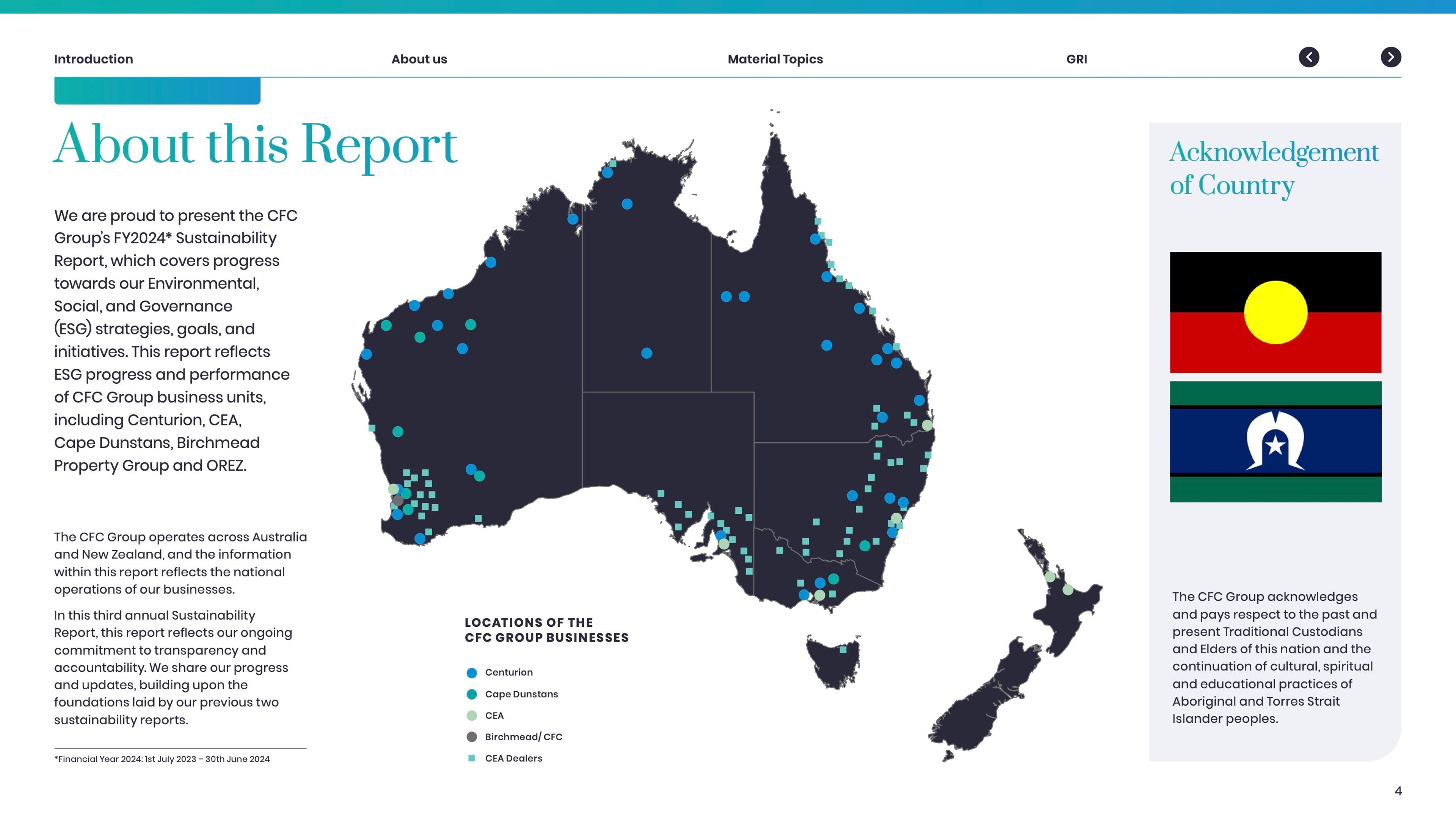 About this Report spread with a map of CFC Group business locations across Australia and New Zealand