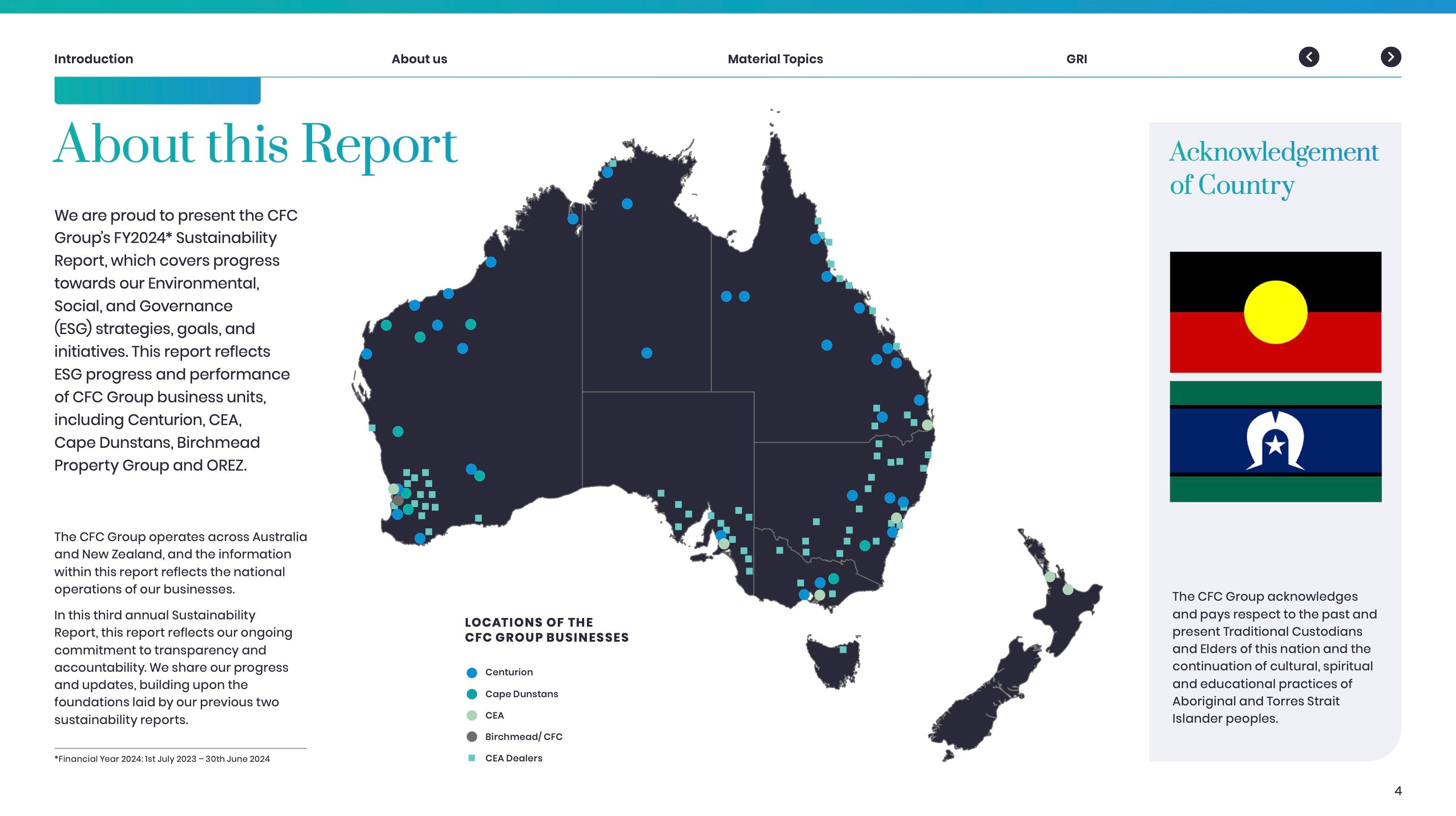 About this Report spread with a map of CFC Group business locations across Australia and New Zealand