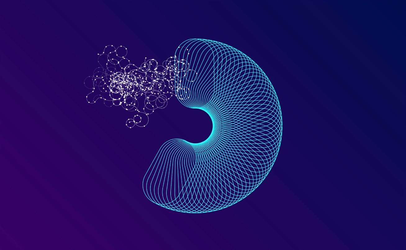 Storyboard frame 5: particles gathering into a curved ribbon