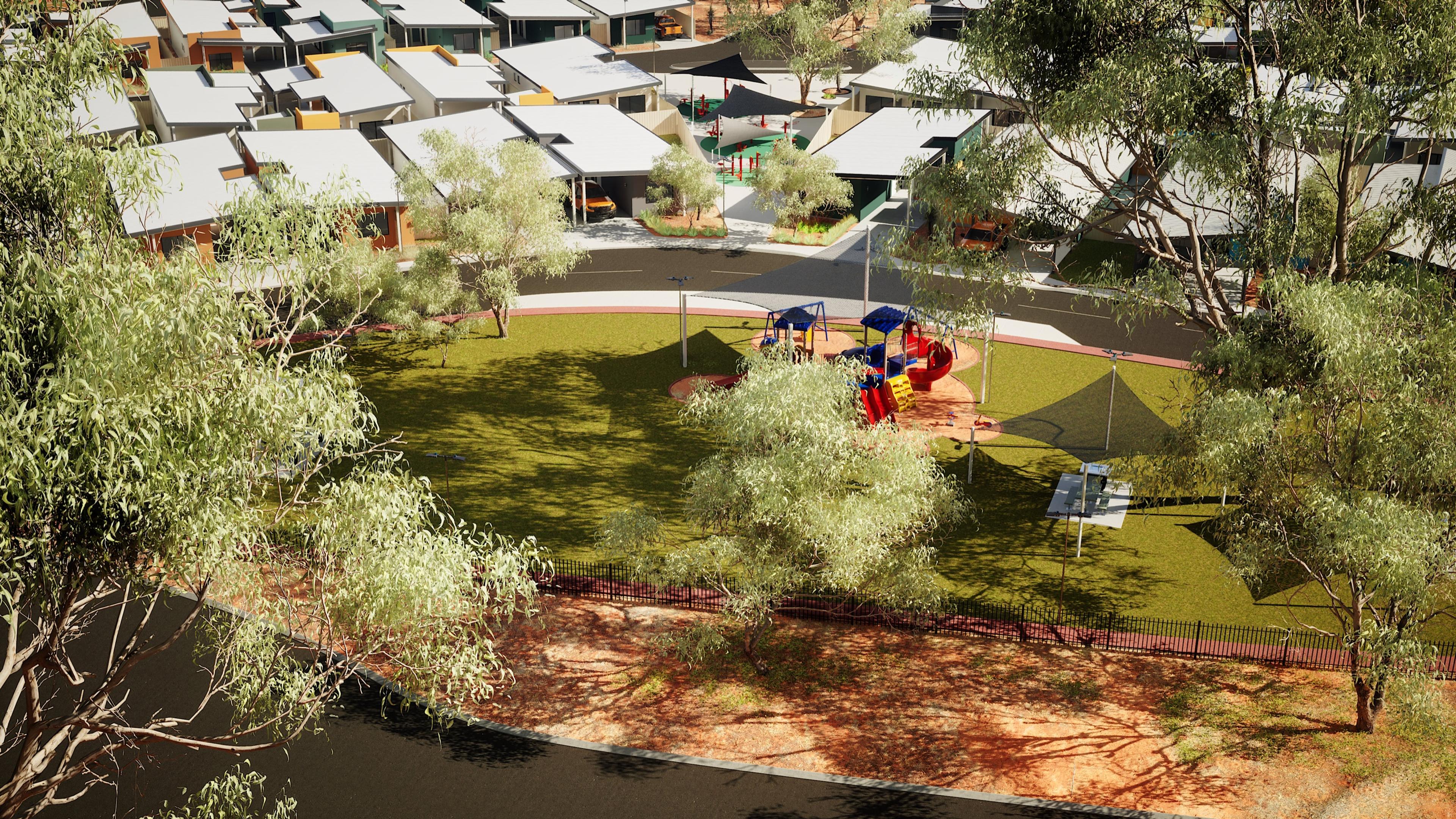 Aerial view over the central park, playground and housing clusters