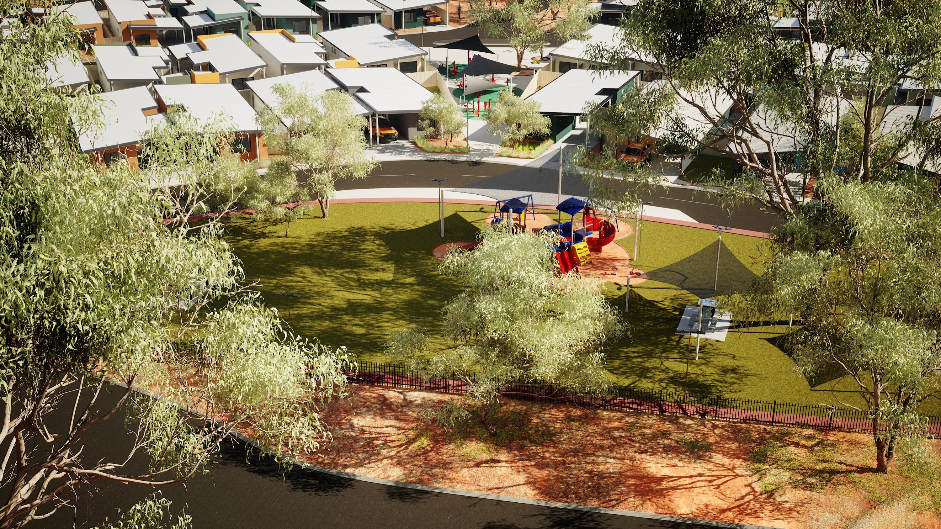 Aerial view over the central park, playground and housing clusters
