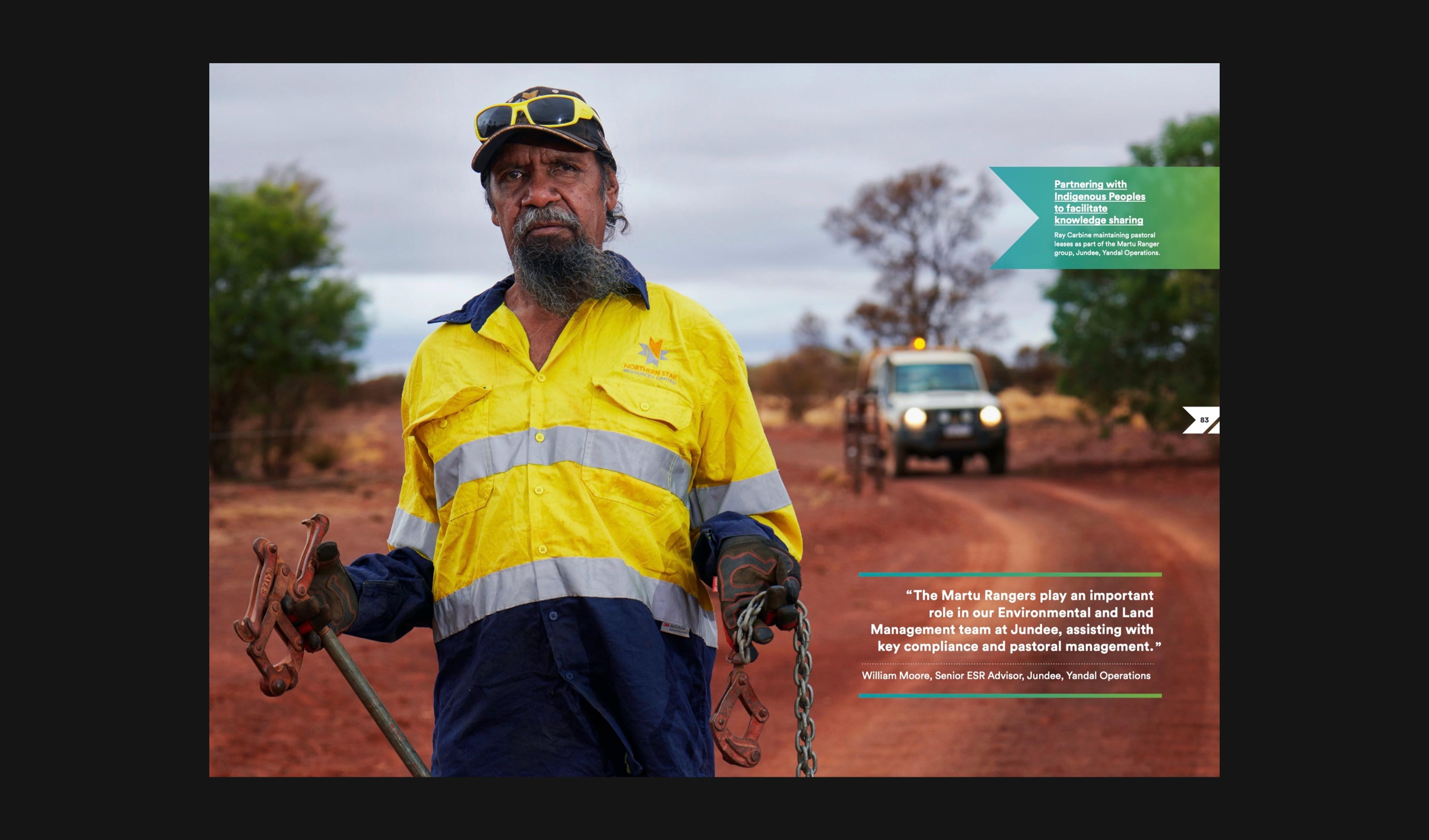 Portrait of Martu Ranger Ray Carbine on a red dirt road