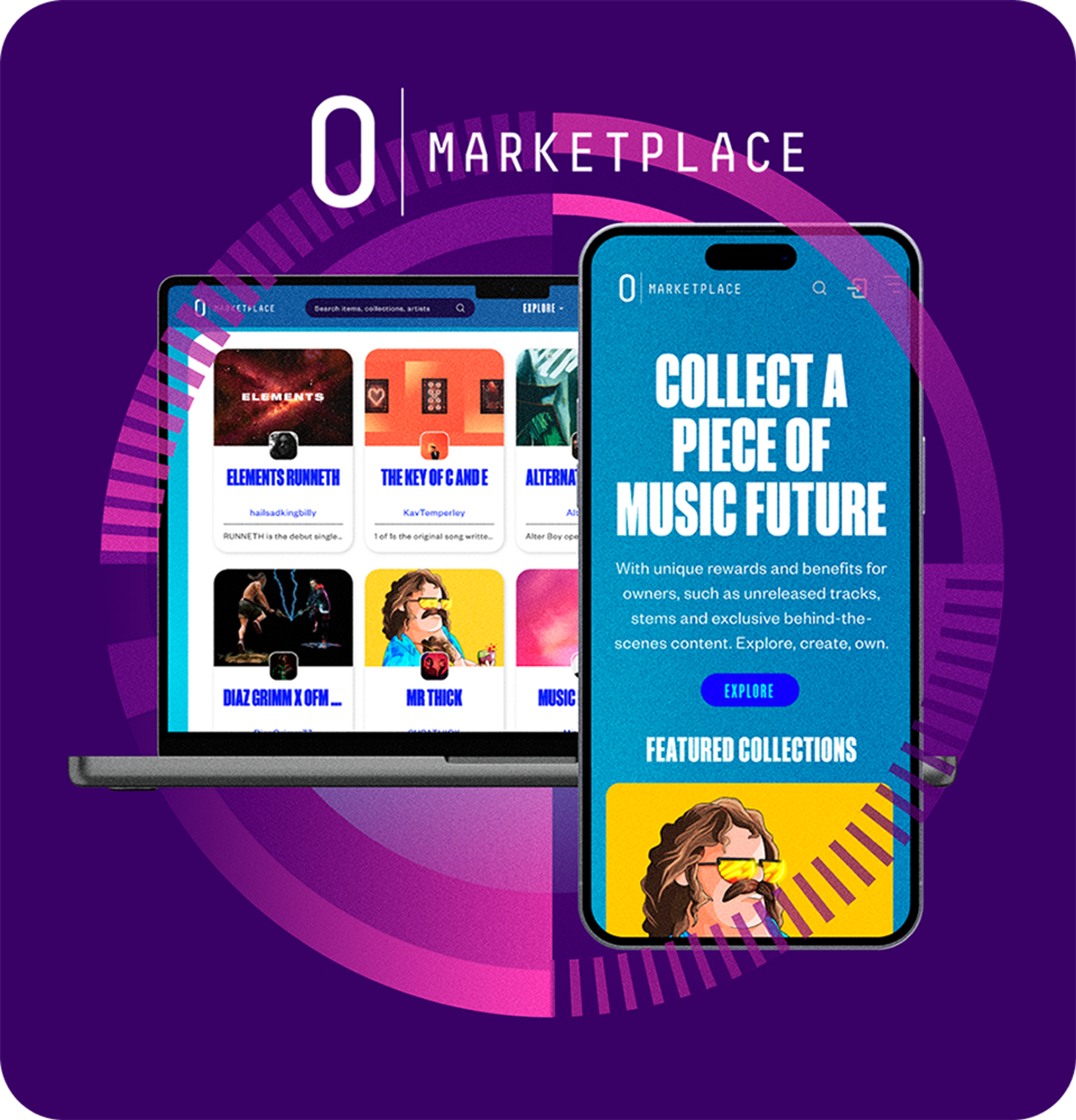 O Marketplace on a laptop and phone: collect a piece of music future