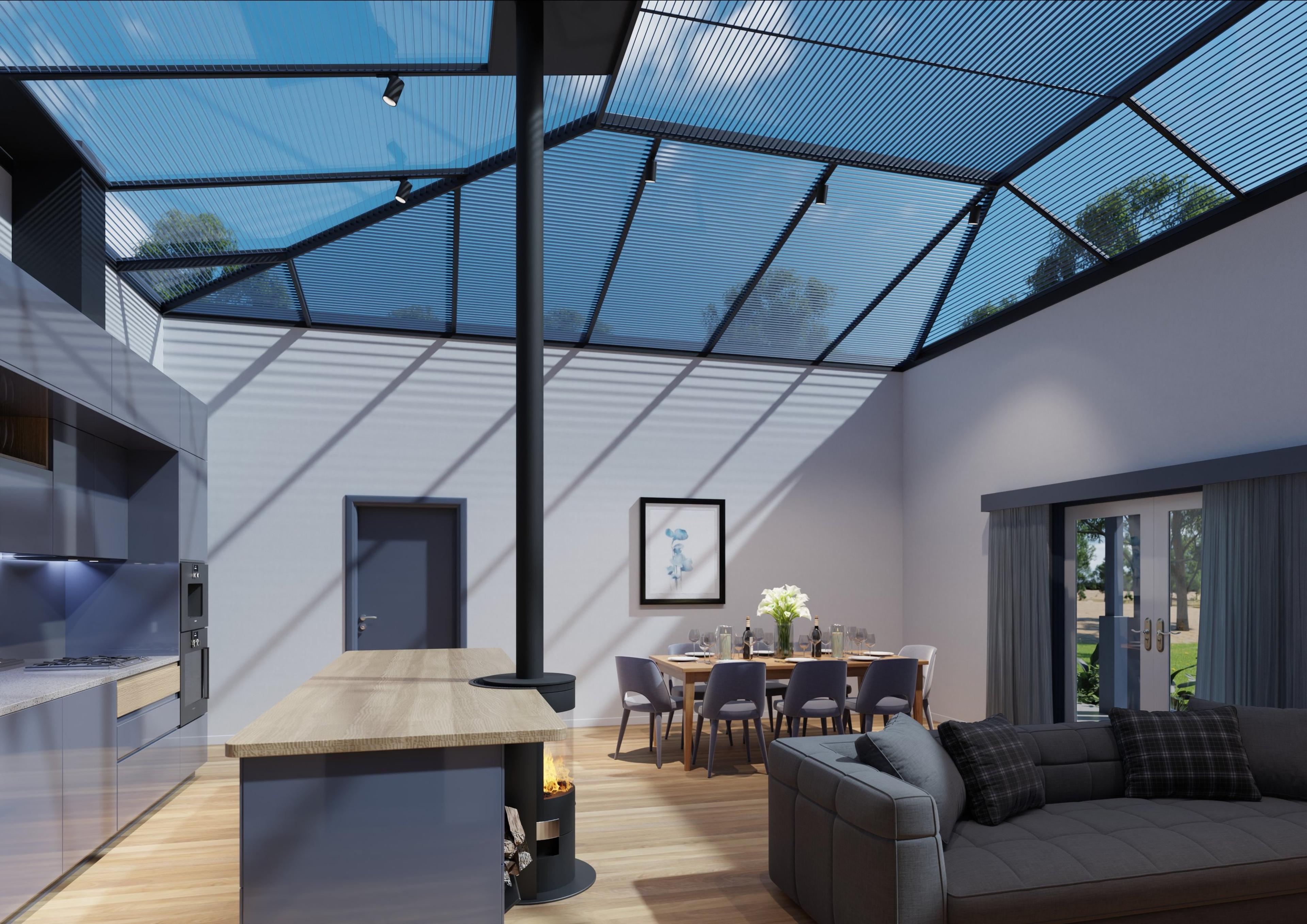 Living room under a glass roof