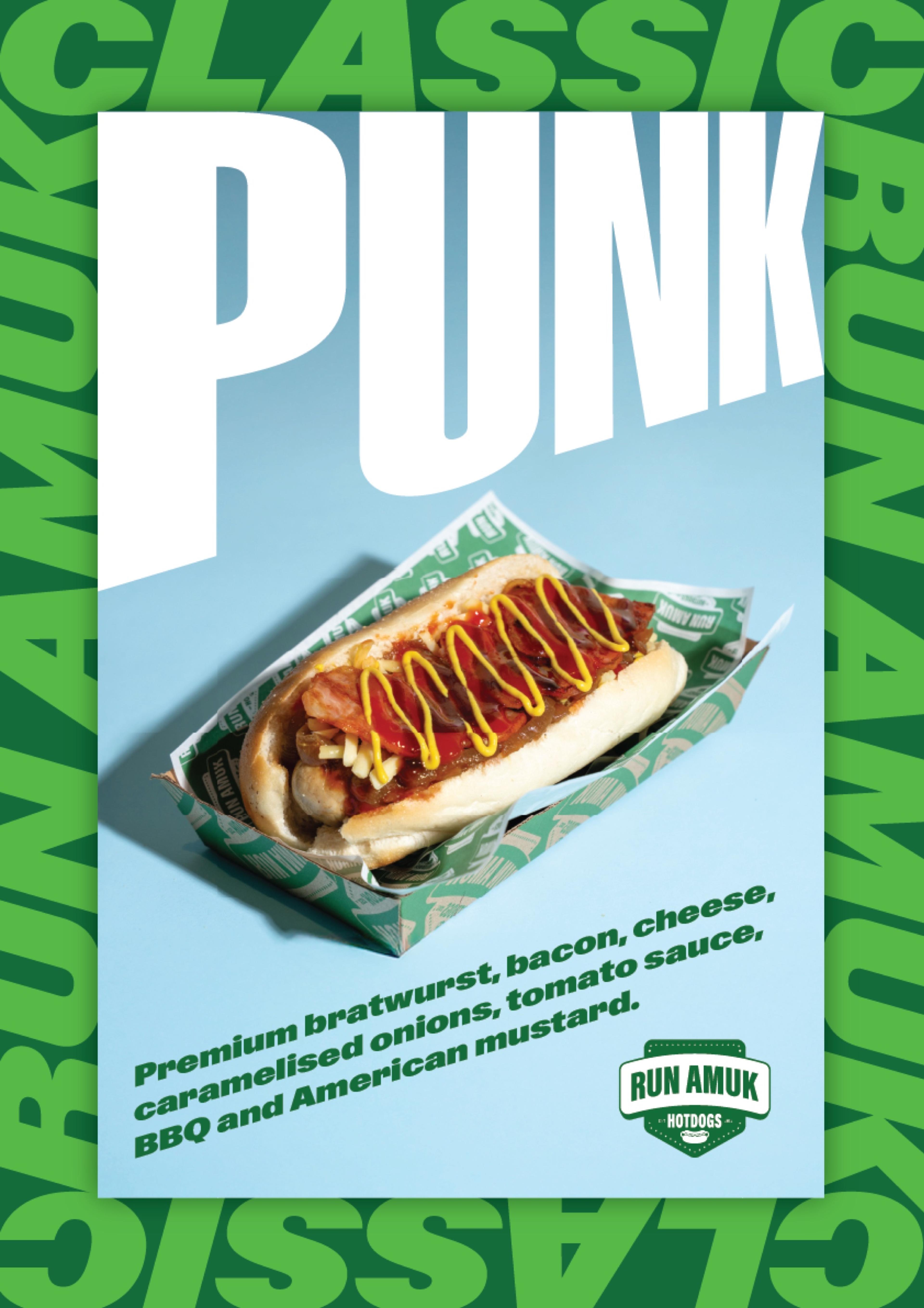 Run Amuk PUNK hotdog poster with oversized type