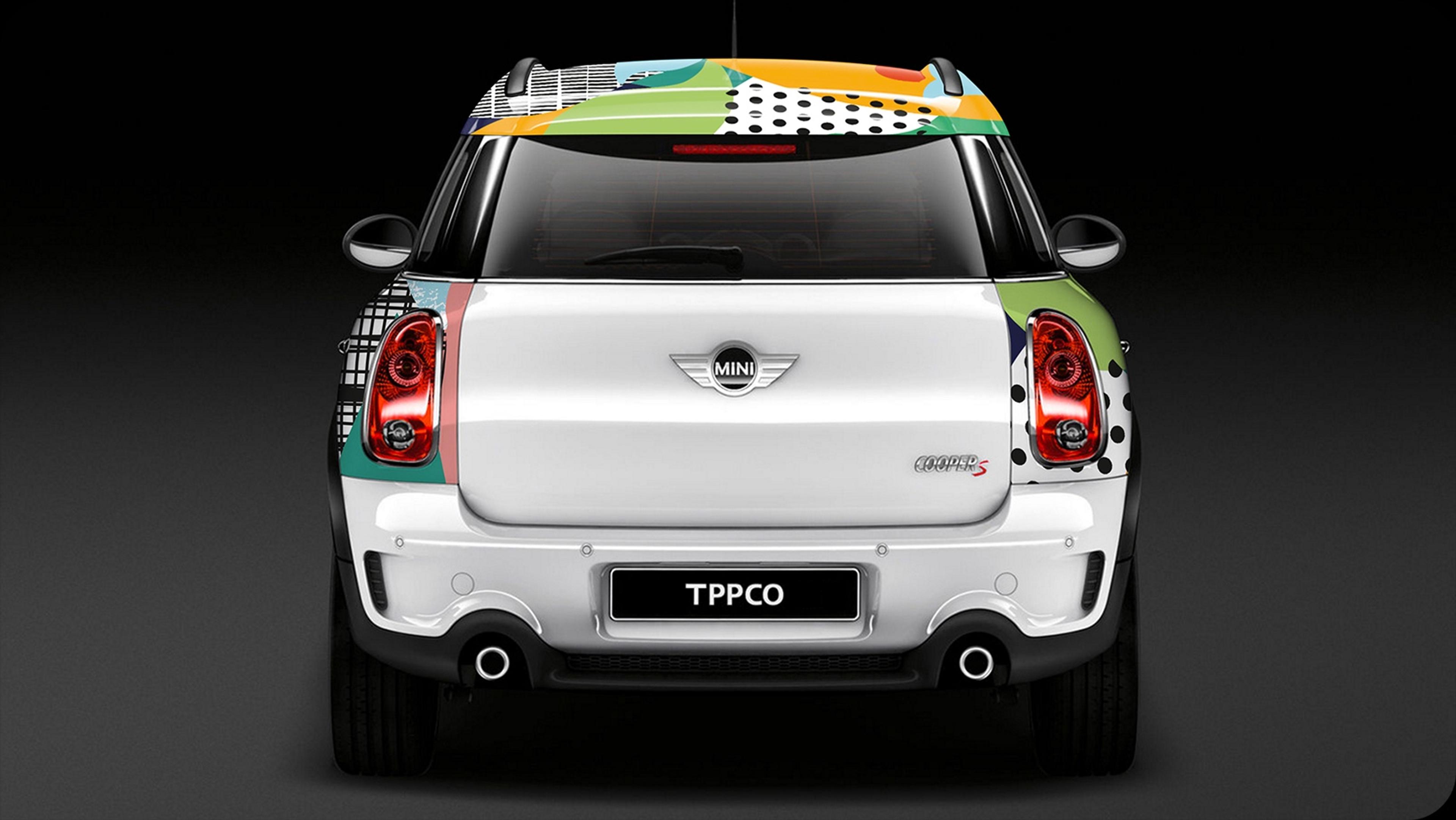 The rear of the wrapped Mini, with the pattern across the roof and TPPCO plates